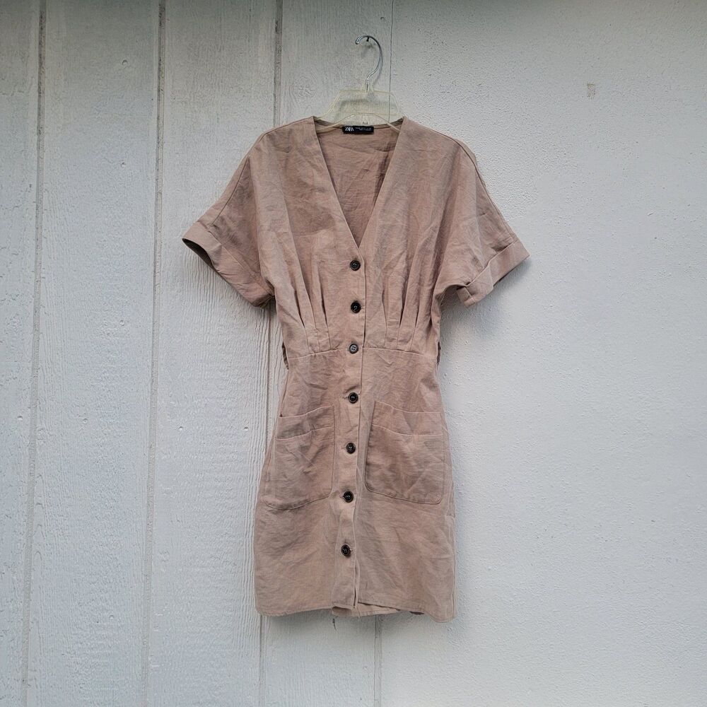 Zara Womens Button Up Shirt Dress Tan Pockets Sz XS Coastal Resort